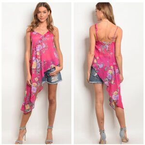FUSHIA PINK HIGH LOW FLORAL TOP
